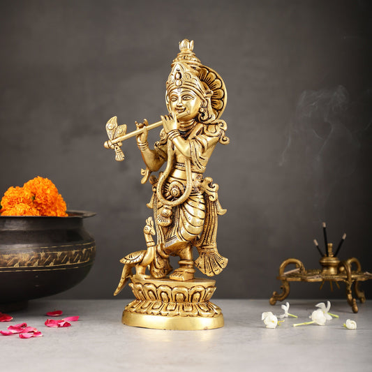 Superfine Brass Lord Krishna Idol | Height 12.5 inch - Budhshiv.com
