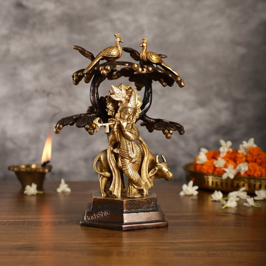 Superfine Brass Lord Krishna with Cow Under Kalpavriksha Tree Idol | Height 11 inch - Budhshiv.com