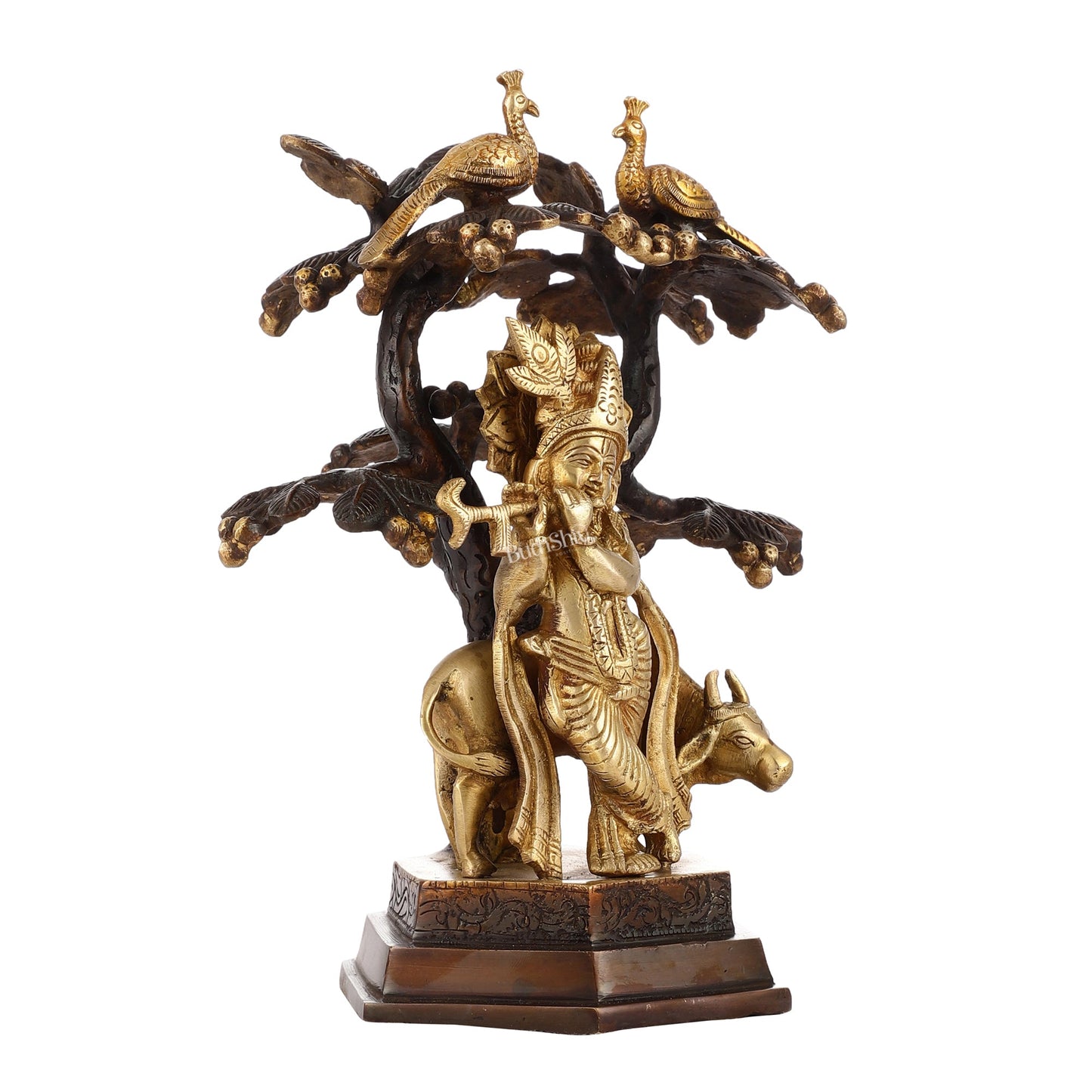 Superfine Brass Lord Krishna with Cow Under Kalpavriksha Tree Idol | Height 11 inch - Budhshiv.com
