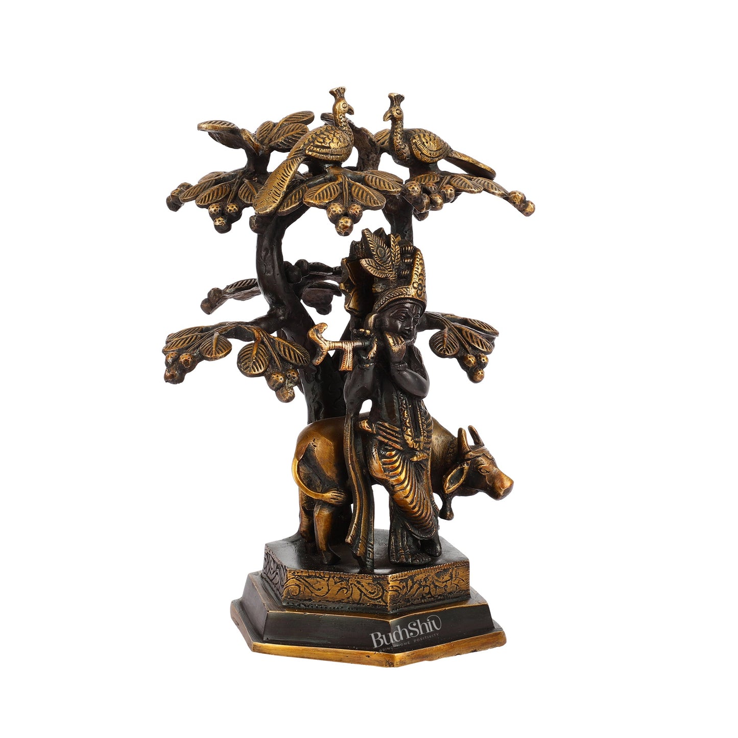 Superfine Brass Lord Krishna with Cow Under Kalpavriksha Tree Idol | Height 11 inch - Budhshiv.com