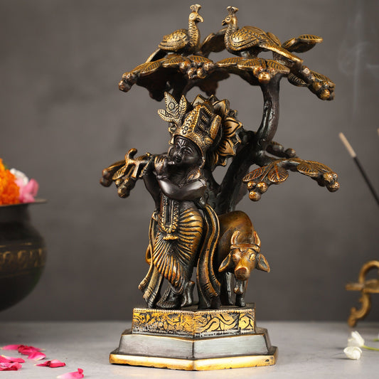 Superfine Brass Lord Krishna with Cow Under Kalpavriksha Tree Idol | Height 11 inch - Budhshiv.com