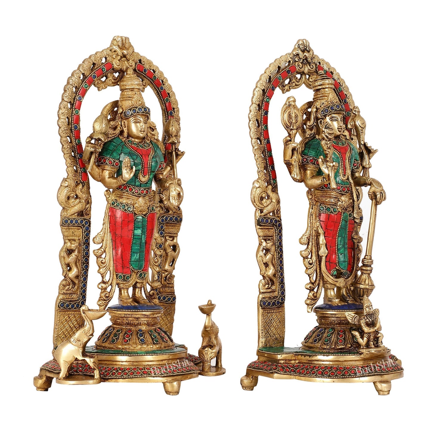 Superfine Brass Lord Vishnu & Goddess Lakshmi Idol Pair with Stonework | 16 inch - Budhshiv.com