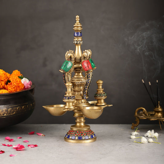 Superfine Brass Peacock Lamp with Stonework - 12in Height - Budhshiv.com