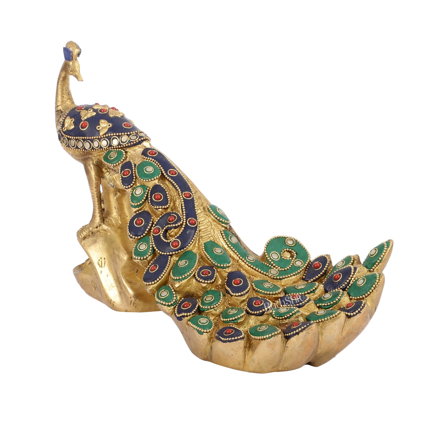 Superfine Brass Peacock Showpiece with Stonework 12 inch - Budhshiv.com