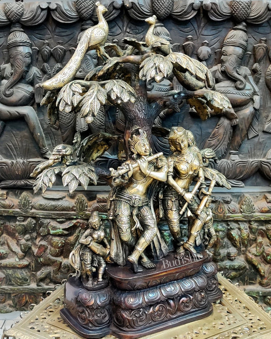 Superfine Brass Radha Krishna Idol under Kalpavriksha 24 inch - Budhshiv.com