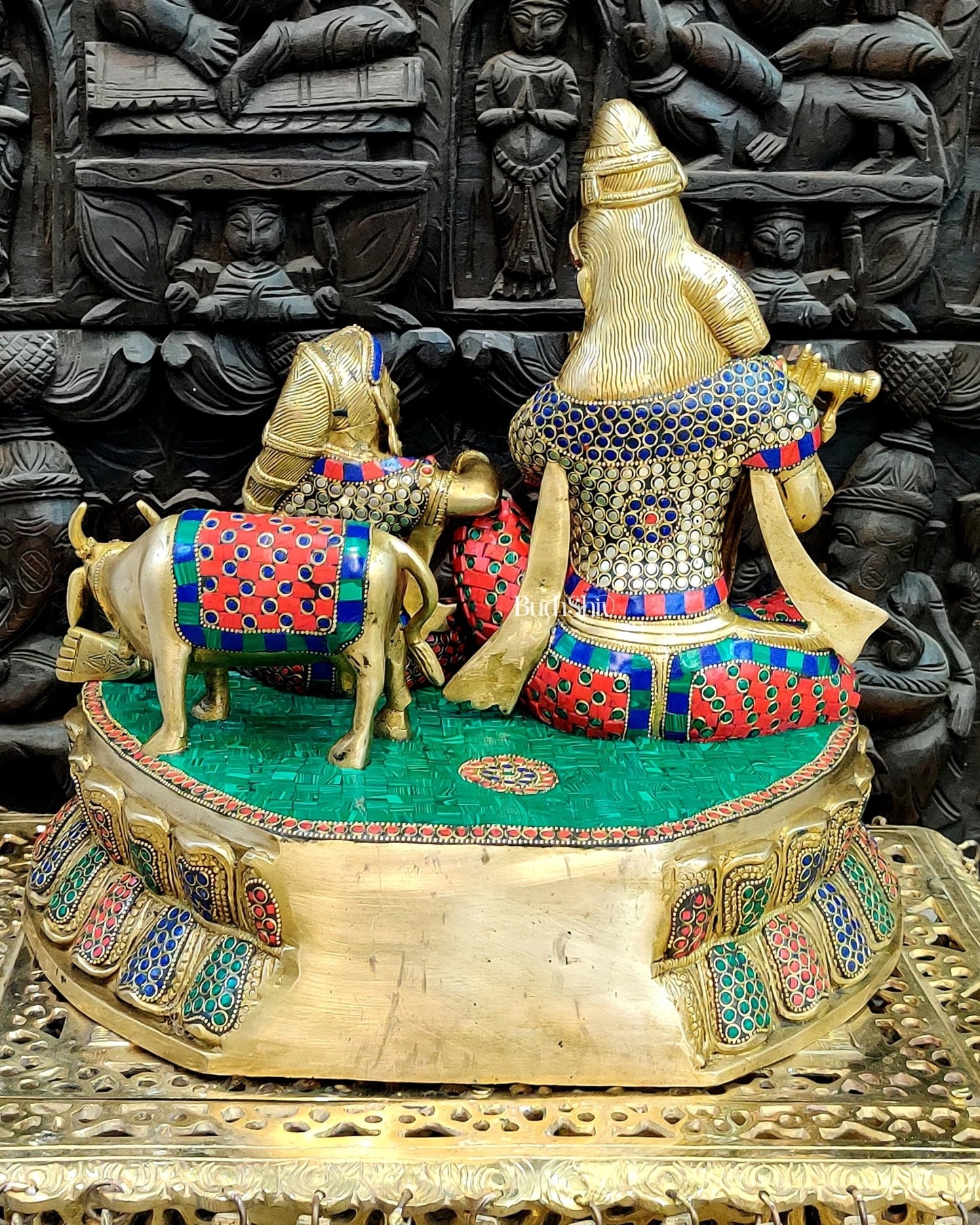 Superfine Brass Radha Krishna with Cow | 14 Inch - Budhshiv.com