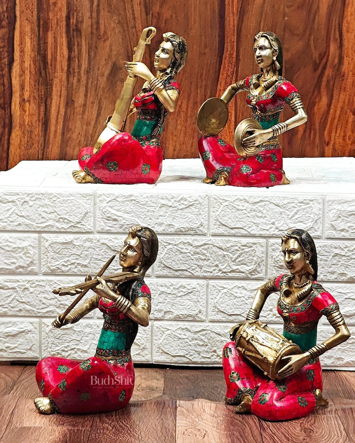 Superfine Brass Set of 4 Tribal Lady Musicians - 11 Inch - Budhshiv.com
