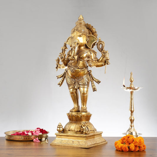 Superfine Brass Standing Ganesha Statue - 6 Arms, Shankh on Trunk - 26" Tall - Budhshiv.com