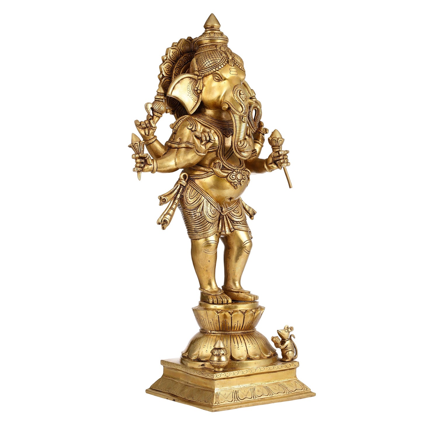 Superfine Brass Standing Ganesha Statue - 6 Arms, Shankh on Trunk - 26" Tall - Budhshiv.com