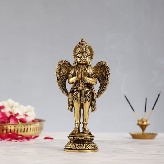 Superfine Brass Standing Garuda Idol in Namaskar Mudra 8 inch - Budhshiv.com