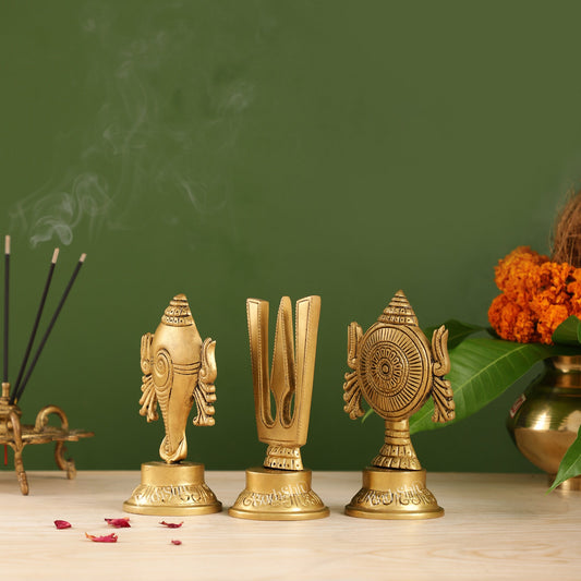 Superfine Brass Symbols of Lord Tirupati Balaji - Shankh, Chakra, Namah Tilak | 6" - Budhshiv.com