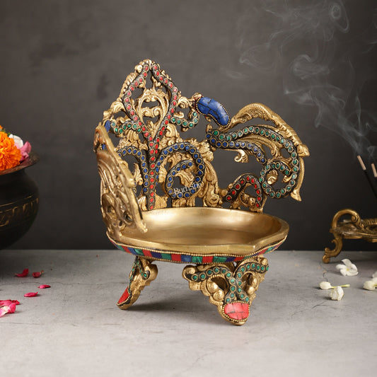 Superfine Brass Urli Lamp with Stonework - 9 Inch - Budhshiv.com