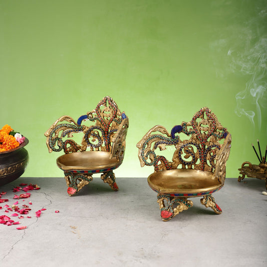 Superfine Brass Urli Lamp with Stonework pair - 9 Inch - Budhshiv.com