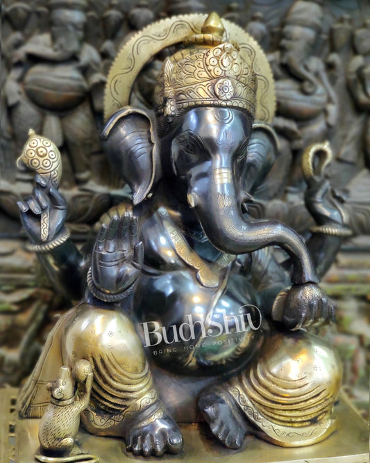 Superfine Handcrafted Brass Gajanand Statue - 22" Height, Beautiful Carvings, Fantastic Finish - Budhshiv.com