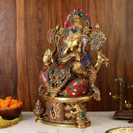 Superfine Handcrafted Brass Ganesha Statue with Rings and Stonework 23 inches - Budhshiv.com
