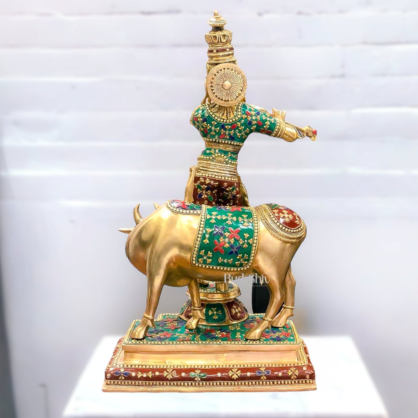 Superfine Krishna With Cow - Handcrafted in Fine Brass - Meenakari Stonework - 25.5 inches - Budhshiv.com
