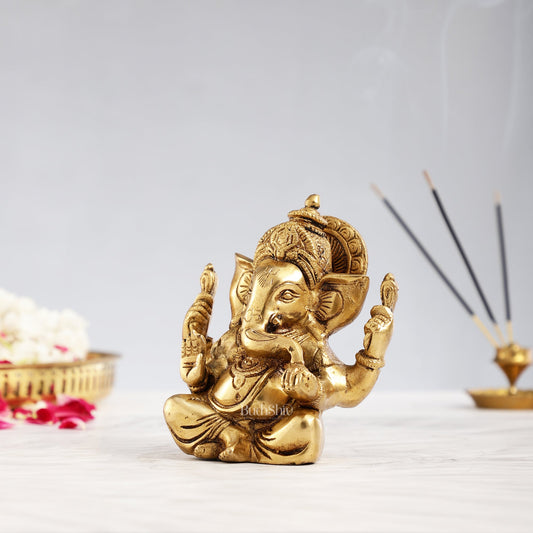 Taj Ganesha brass idol with Gold finish 6" antique - Budhshiv.com