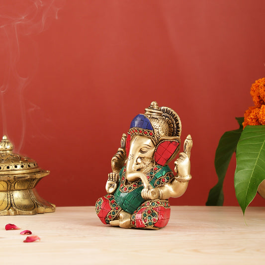Taj Ganesha brass idol with meenakari stonework 6" - Budhshiv.com