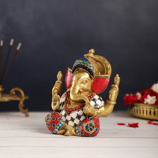 Taj Ganesha brass idol with meenakari stonework 6" - Budhshiv.com