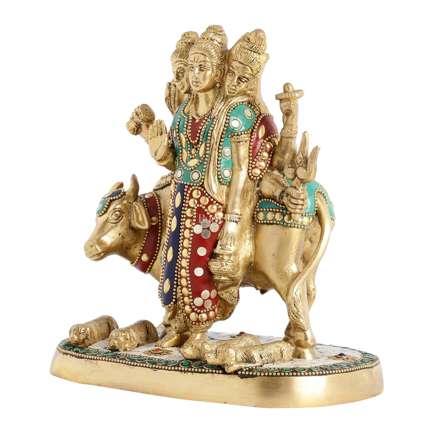 Three faced Dattatreya guru with a cow and four dogs. - Budhshiv.com