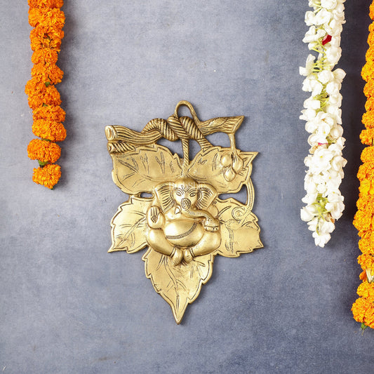 Unique Brass Lord Ganesha Wall Hanging on Leaf - 10.5 x 7 inch - Budhshiv.com