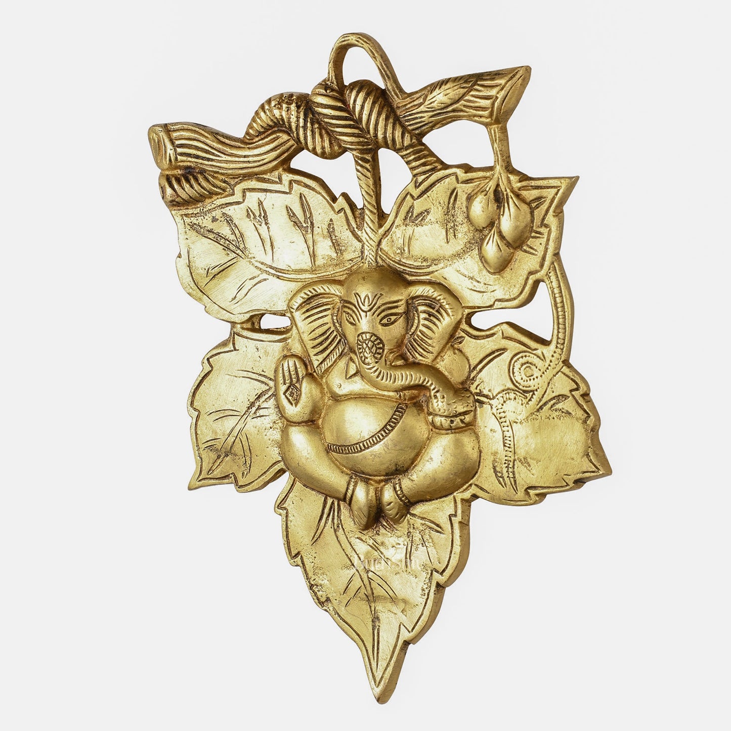 Unique Brass Lord Ganesha Wall Hanging on Leaf - 10.5 x 7 inch - Budhshiv.com