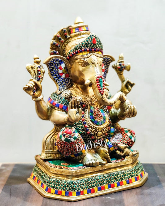 Unique Handcrafted Ganesha Statue with Sharp Features and Trishul Tilak 14" - Budhshiv.com