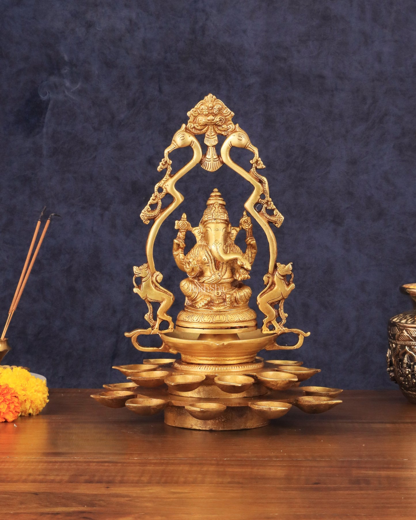 Pure Brass Unique Ganesha Statue with Diyas and Thiruvarchi Frame - 12"