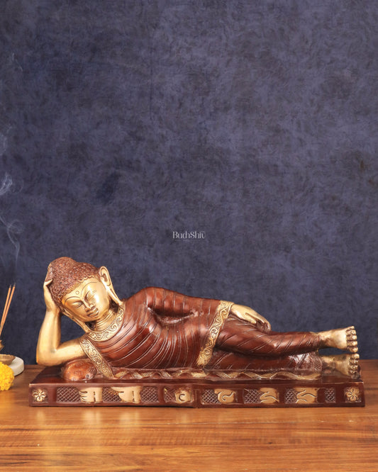 Brass Reclining Sleeping Buddha Sculpture in Unique Dual Tone 20 inch wide