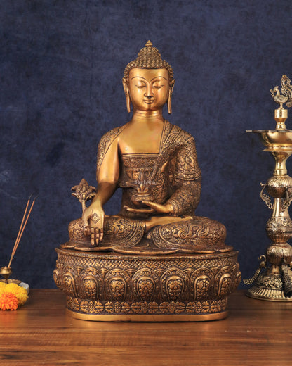 Pure Brass Handcrafted Medicine Buddha Statue with Dragon Carvings 22"