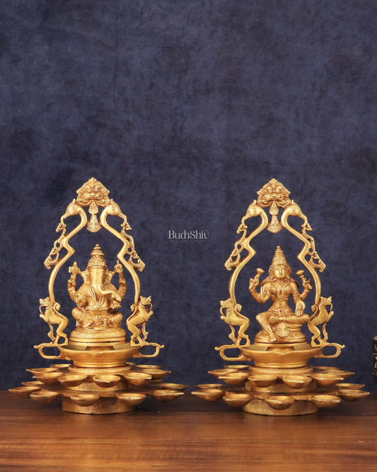 Pure Brass Ganesha and Goddess Lakshmi Statues with Diyas and Thiruvarchi Frames - 12"