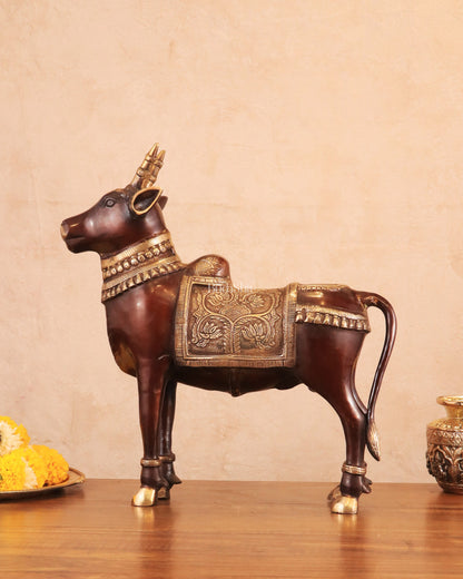 Brass Standing Nandi Statue in vintage Tone - 16"