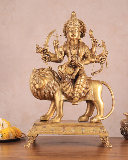 Large Superfine Brass Durga Mata Statue - Antique Golden Tone | Height 21.5 inch