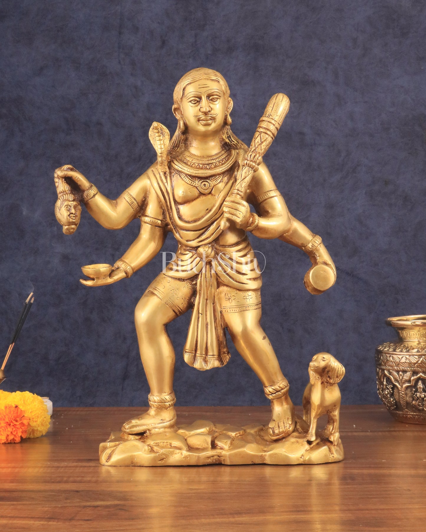 Pure Brass Large Kaal Bhairava Statue - 15" golden