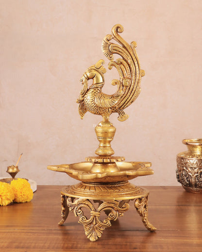 Pure Brass Unique Peacock Annam Pakshi Oil Lamp - 13.5"