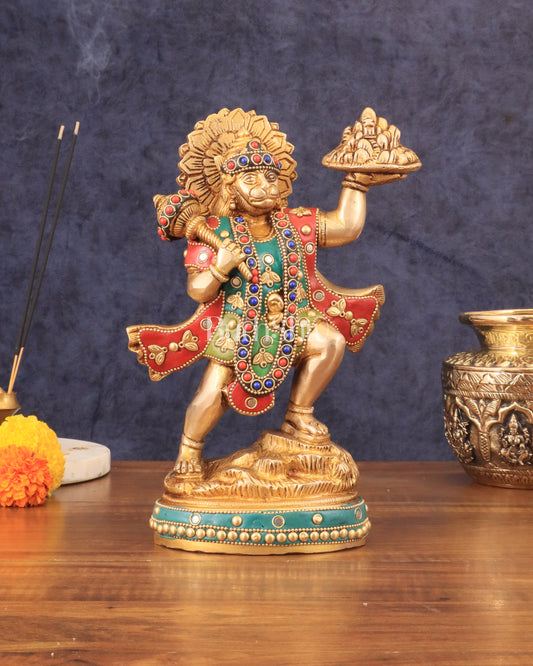 Superfine Brass Lord Hanuman with Sanjeevani Mountain 10 inch