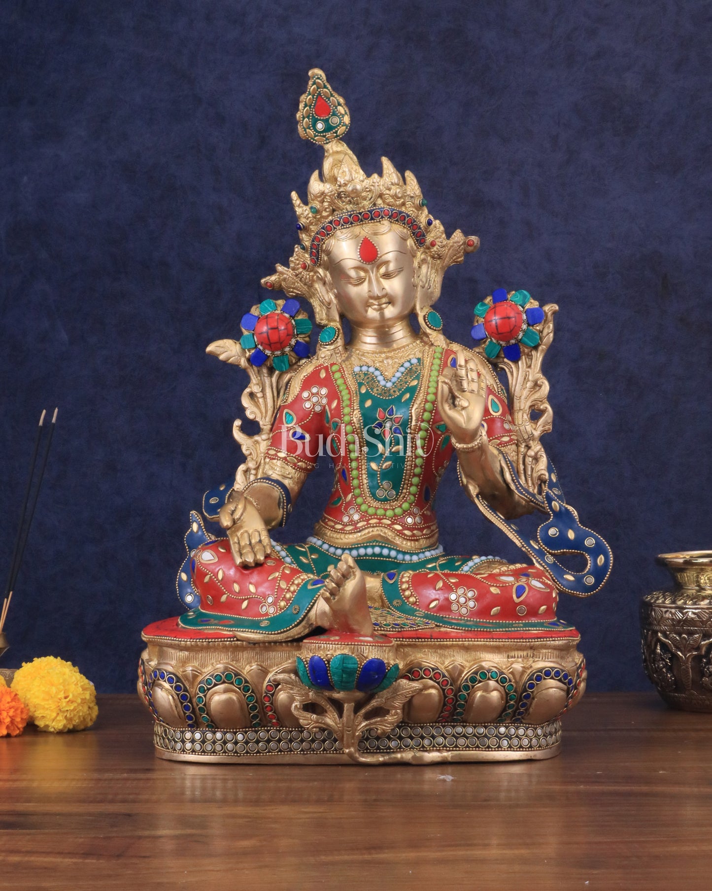 Large Pure Brass Green Tara Statue with Meenakari Stonework - 18.5"