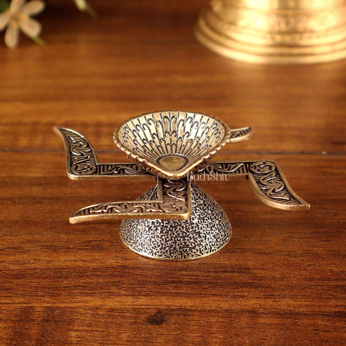 Brass Superfine Swastik Diya Oil Lamp with OM Carvings