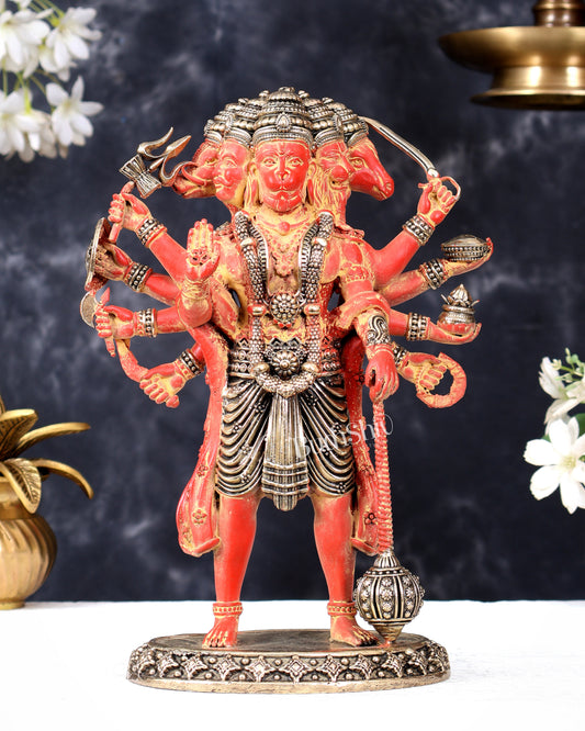 Brass Superfine Panchmukhi Hanuman Idol – 10 Inch Divine Protection Murti Sindoori red tone