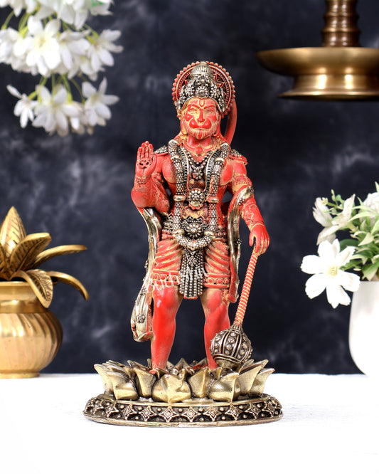 Brass Standing Hanuman Idol – Superfine Carvings 8 inch sindoori red