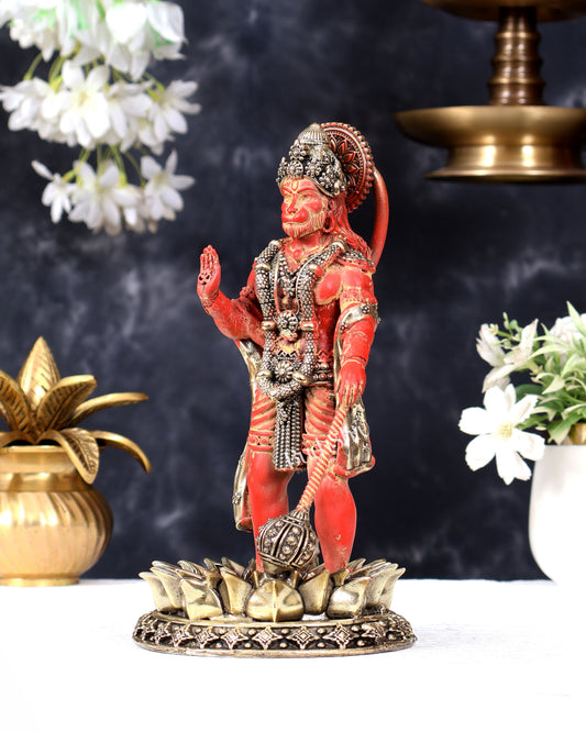 Brass Standing Hanuman Idol – Superfine Carvings 8 inch sindoori red