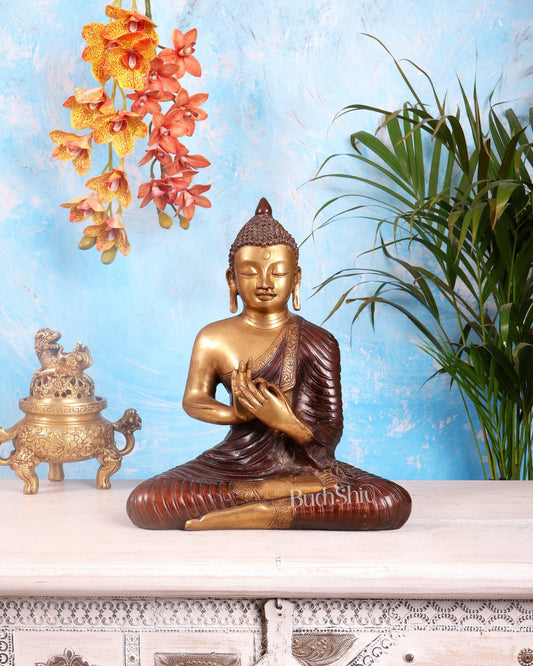 14 - inch Pure Brass Buddha in dharmachakra mudra statue - Budhshiv.com