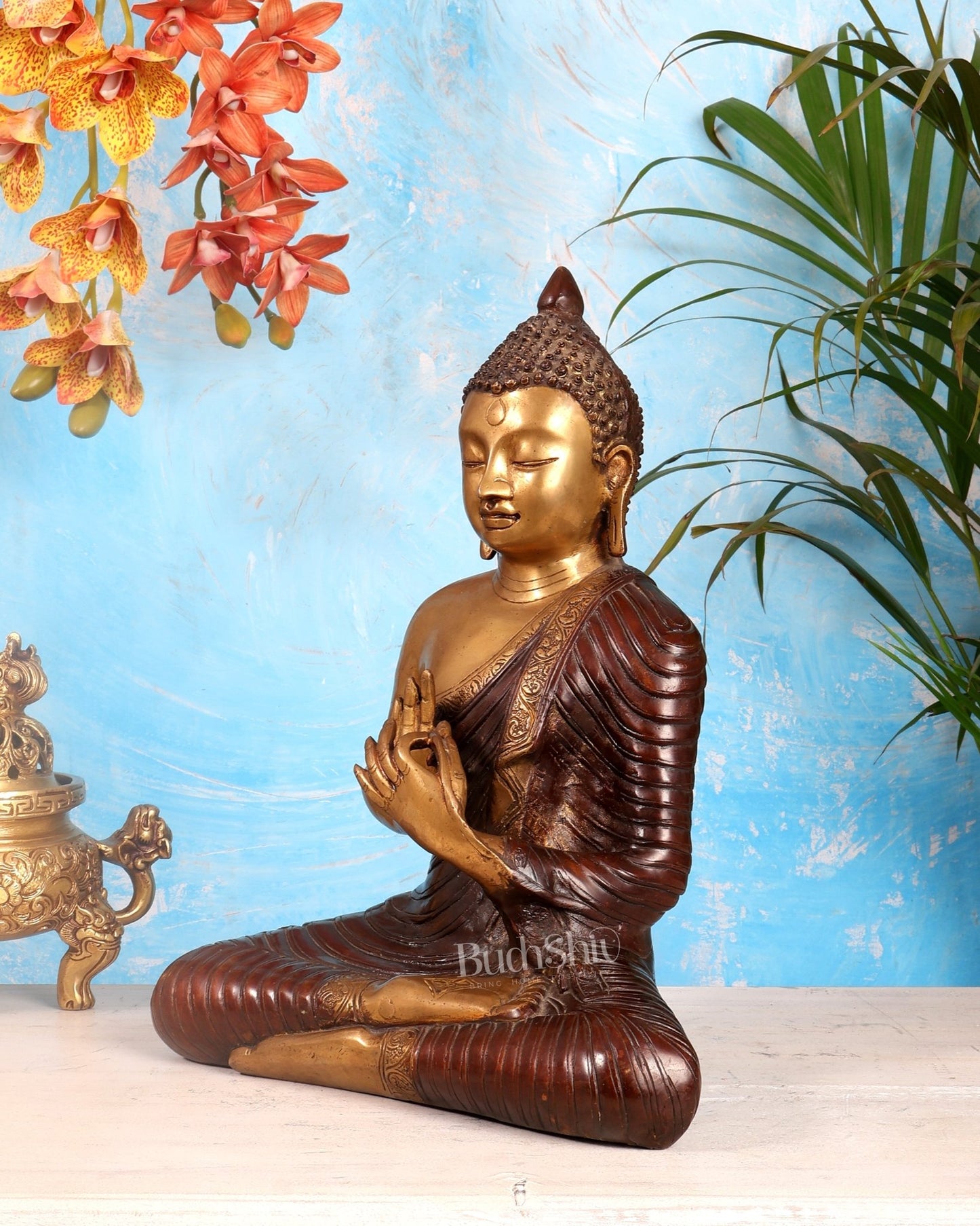 14 - inch Pure Brass Buddha in dharmachakra mudra statue - Budhshiv.com