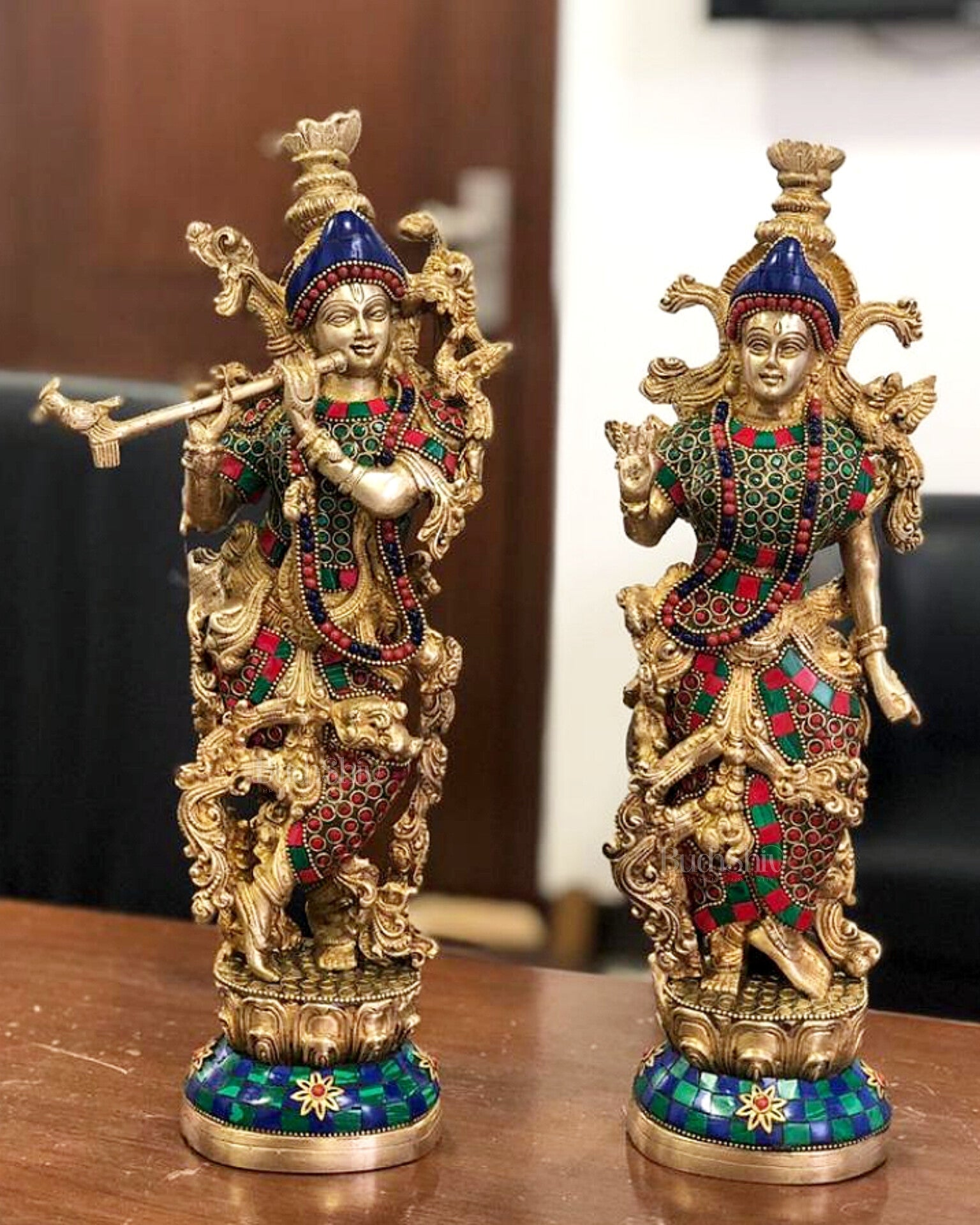 14 - Inch Pure Brass Radha Krishna Statues | Finely Carved & Handcrafted - Budhshiv.com