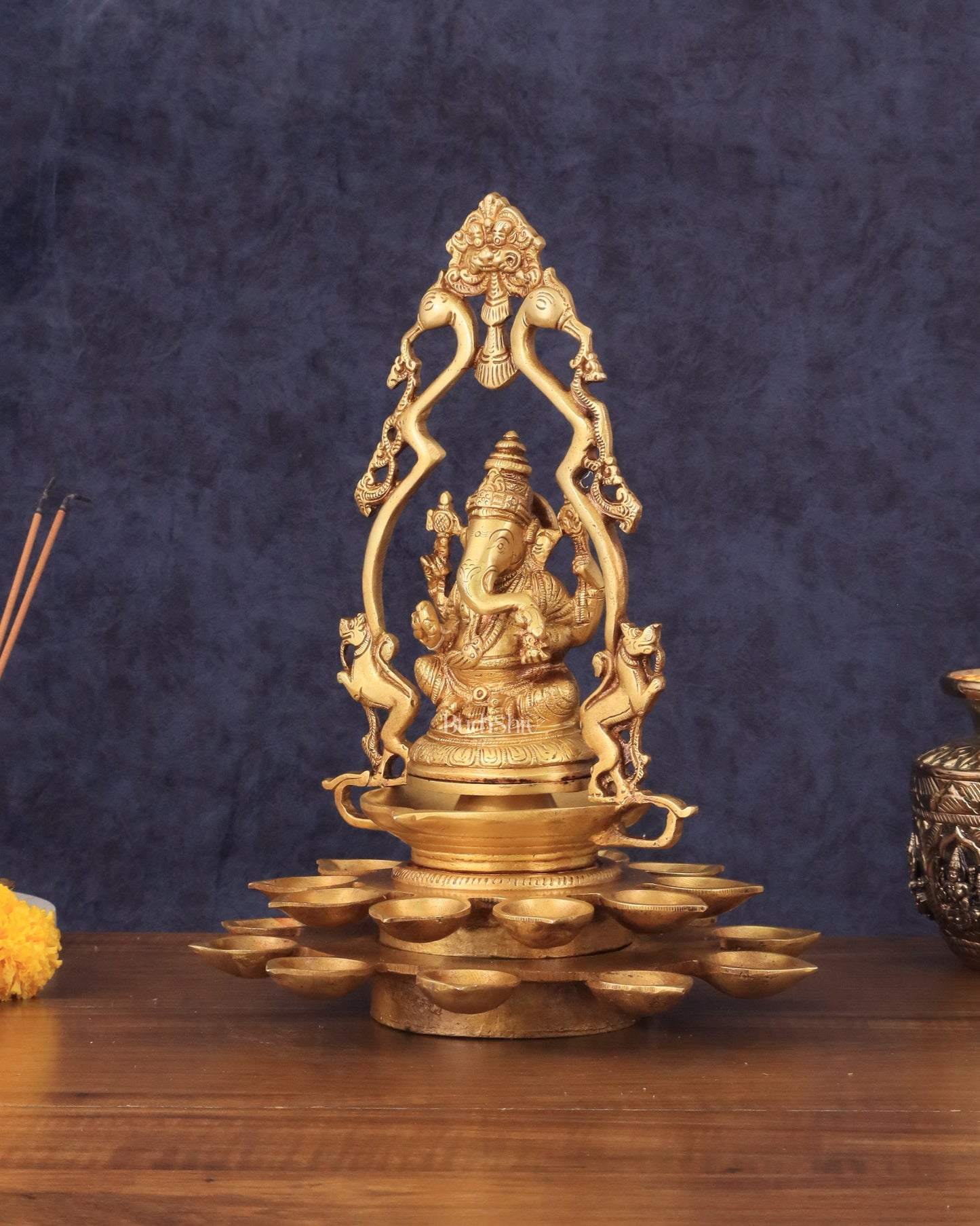 Pure Brass Unique Ganesha Statue with Diyas and Thiruvarchi Frame - 12"