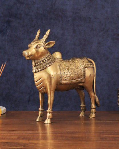 Brass Standing Nandi Statue in Golden Tone - 16"