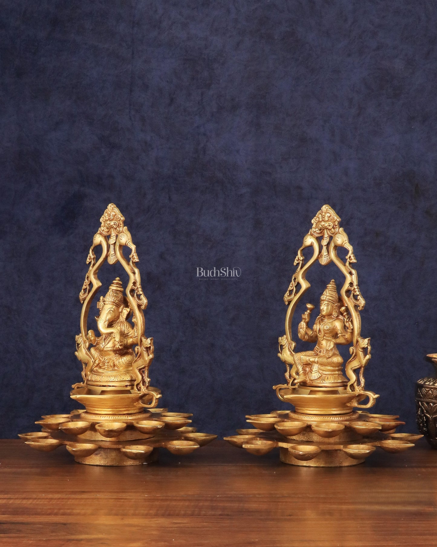 Pure Brass Ganesha and Goddess Lakshmi Statues with Diyas and Thiruvarchi Frames - 12"