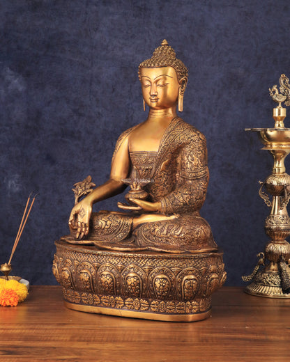 Pure Brass Handcrafted Medicine Buddha Statue with Dragon Carvings 22"