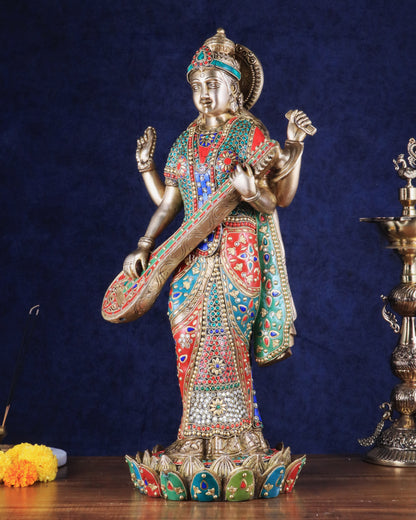 Standing Saraswati Brass Murti meenakari - 25 inch