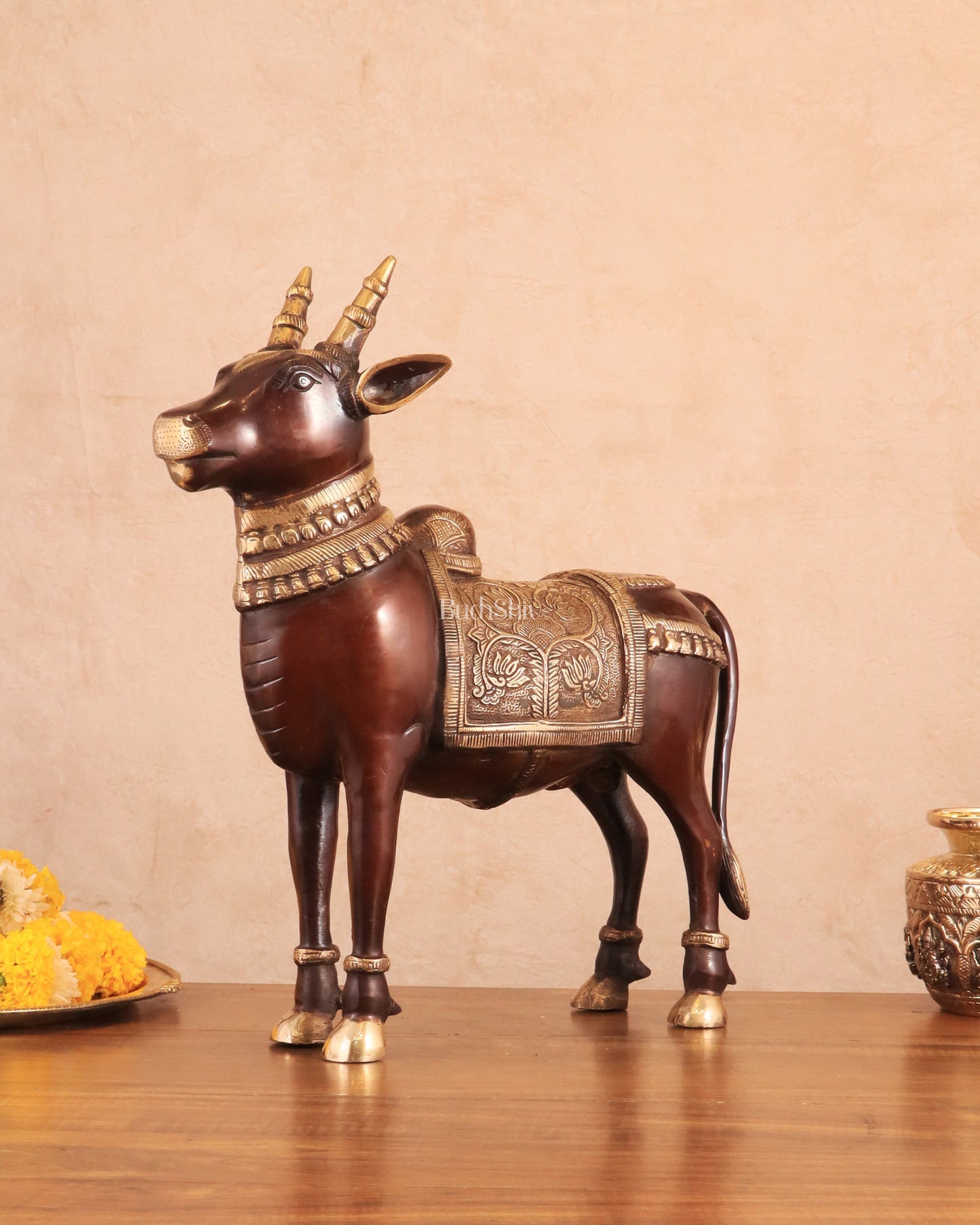 Brass Standing Nandi Statue in vintage Tone - 16"